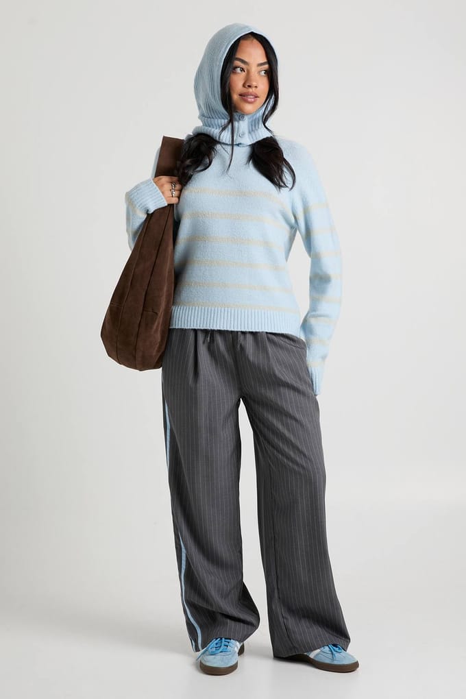 boohoo Dames Neck Detail Stripe Knit Jumper | Ice Blue | Maat: Medium