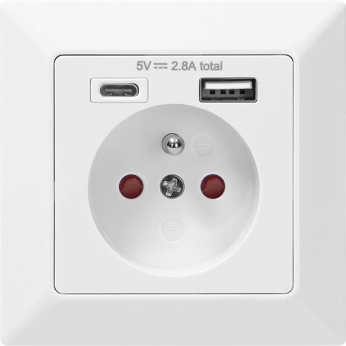 Wandcontactdoos - 1x CEE 7/3 - 1x USB-A - 1x USB-C - Penaarde - Wit