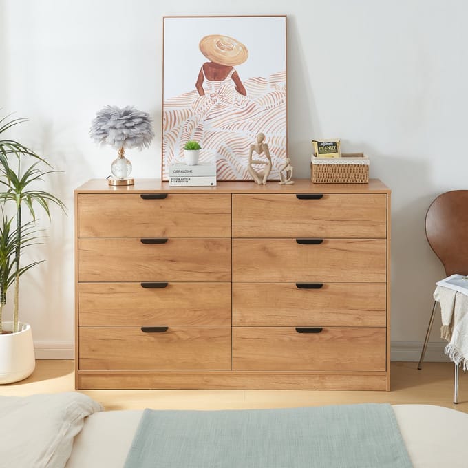 Commode Varkaus ladekast mdf met 8 lades 90x140x40 cm eikenkleurig [en.casa]