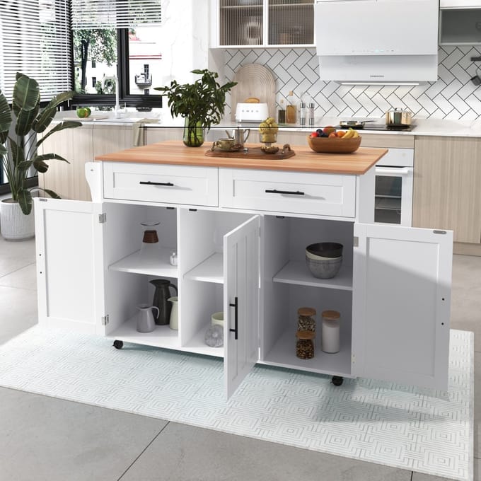Sweiko Eettafel - Opvouwbaar tafelblad - Opbergkast - 2 lades - Draagbare Keukeneiland - Wit
