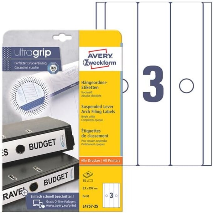 Avery Ordnerrugetiketten, wit, 63,0 x 297,0 mm, permanent klevend