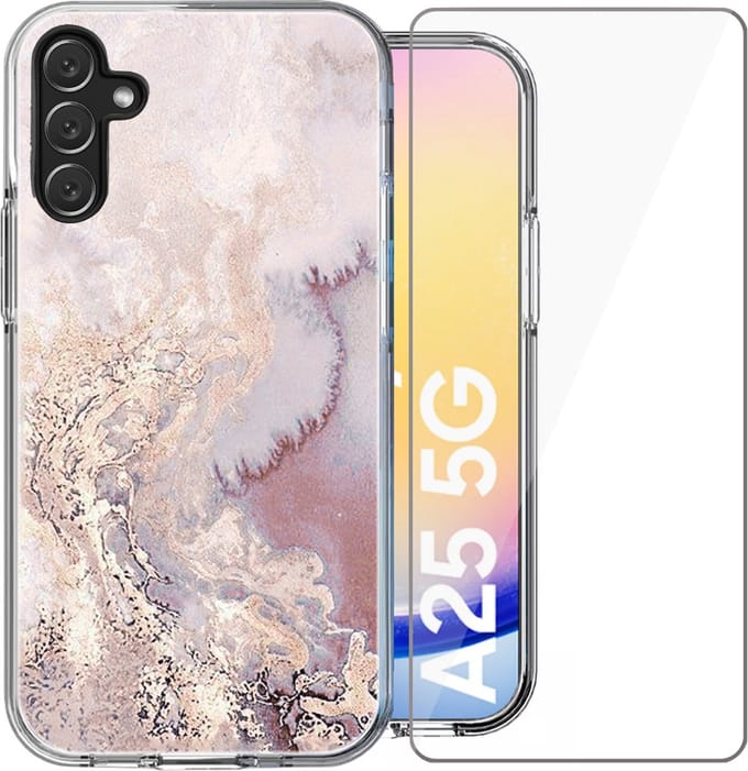 Hoesje geschikt voor Samsung Galaxy A24 / A25 - Screen Protector Glas - Back Cover Marmer Siliconen Case Roze & Screenprotector