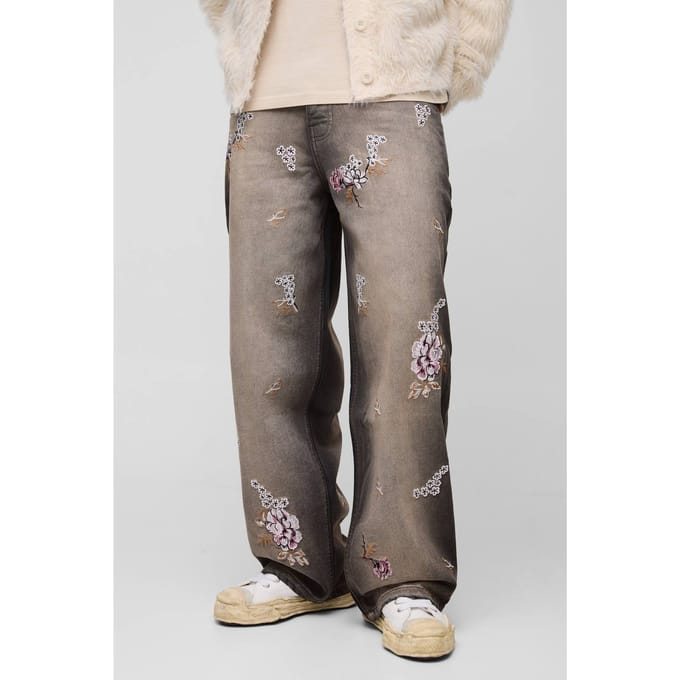 Baggy Rigid Floral Embroidered Jeans | Brown | Size 52R