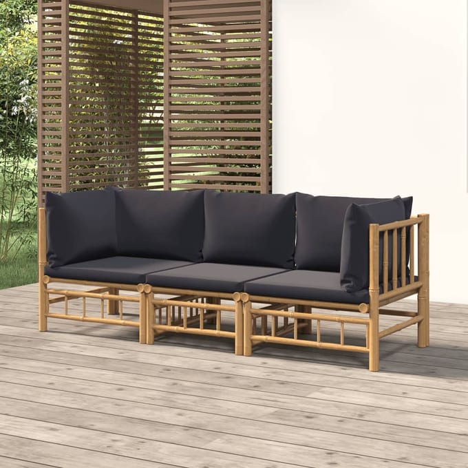 vidaXL - 3-delige - Loungeset - met - kussens - bamboe - donkergrijs