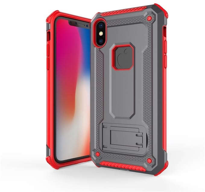 Ntech hoesje Geschikt voor iPhone Xr Armor hoesje met Kickstand - Grijs & Rood