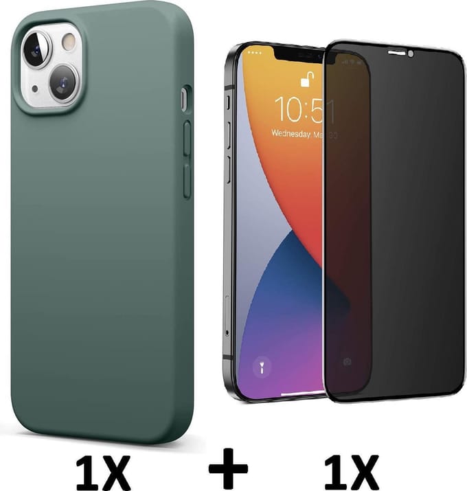 HB Hoesje Geschikt voor Apple iPhone 13 - Groen / Privacy Glazen Screenprotector - Siliconen Back Cover