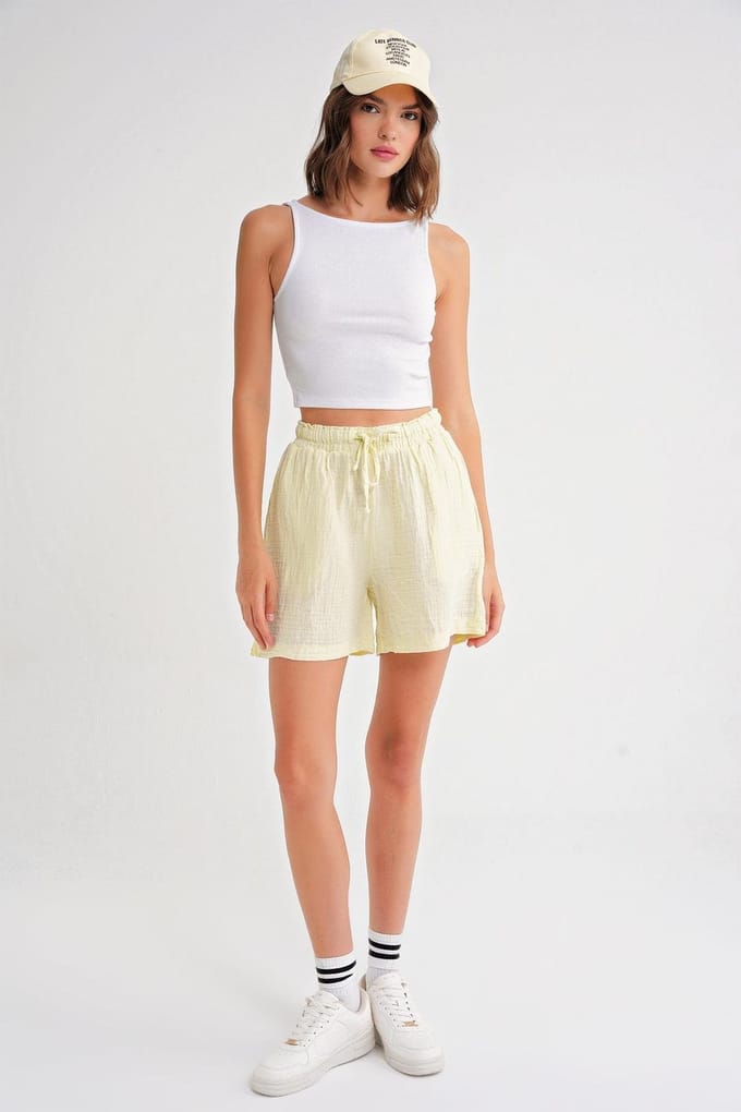 Hoge Taille Textured Katoenen Shorts