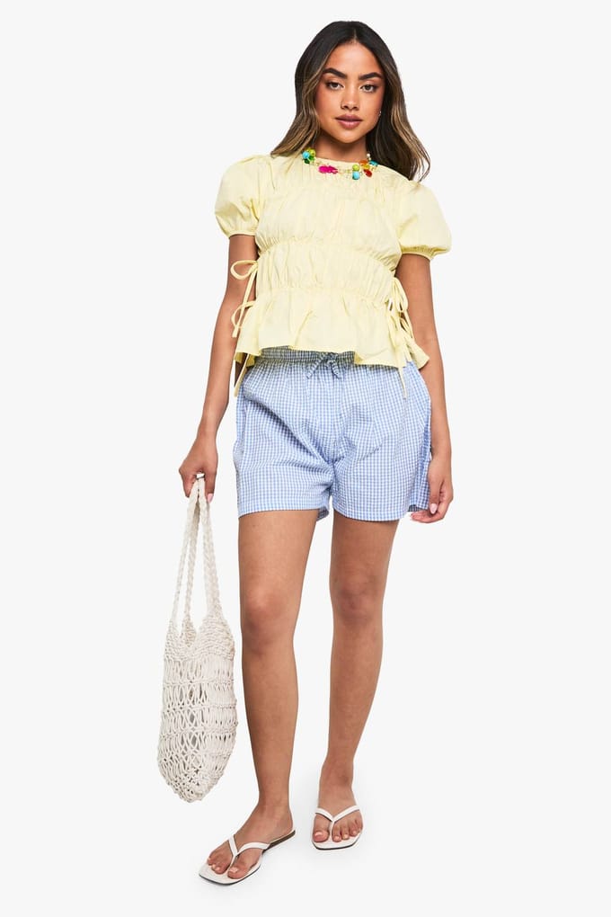 boohoo Dames Gerafeld poplin, smock met zijstrik | Lemon | Maat: 8