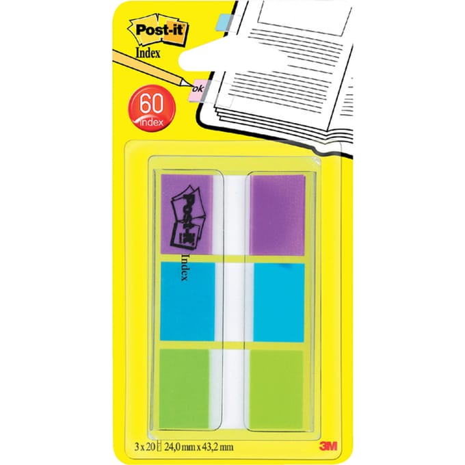 Post-it® Index Standaard, Draagbare Set, Paars, Blauw, Groen, 24 x 43.2 mm, 20 Tabs/Kleur