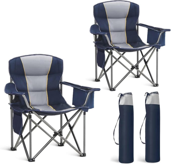 Extra grote draagbare campingstoel met koeltas en bekerhouder - 204 kg ondersteuning, 2 stuks (blauw)