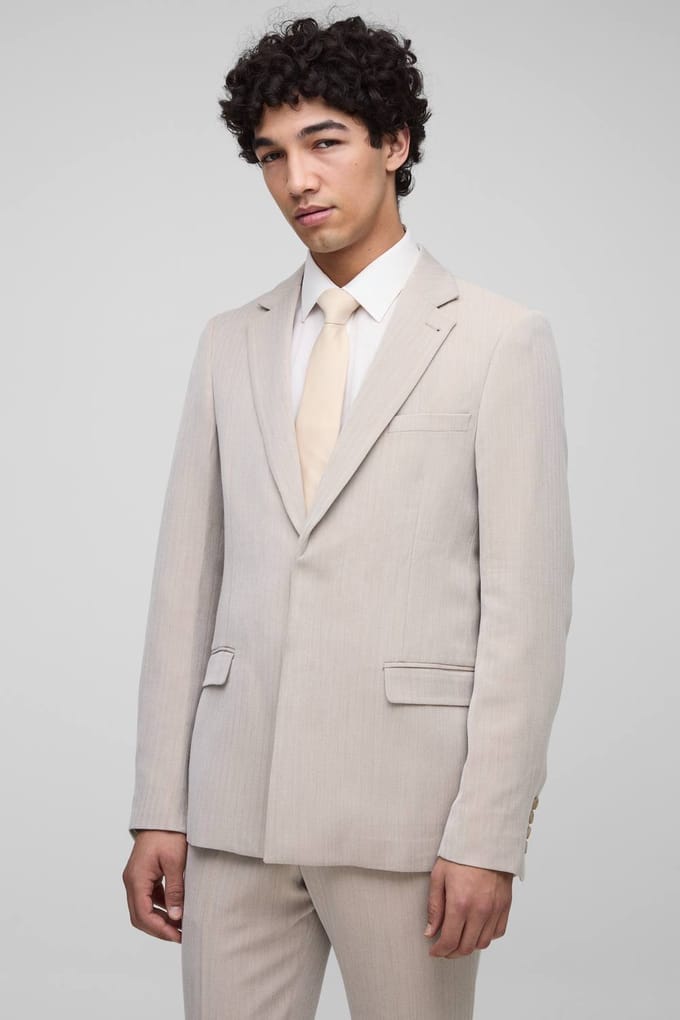 Slim Fit Herringbone Suit Blazer | Stone | Size Medium