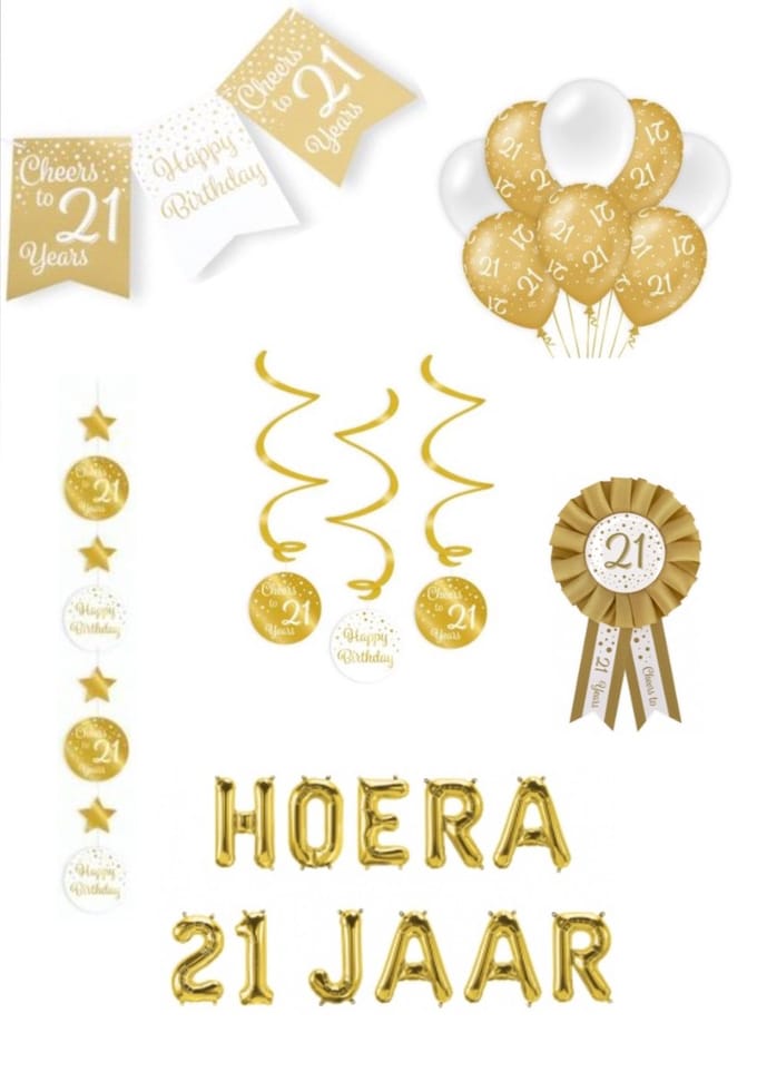 21 jaar verjaardag versiering pakket - goud wit - ballon - vlag – paperdreams