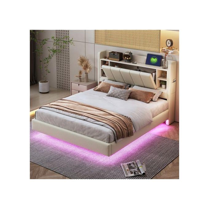 Lit - MUVOE - 140 x 200 cm - Rembourré - Prise USB - Bande lumineuse LED beige