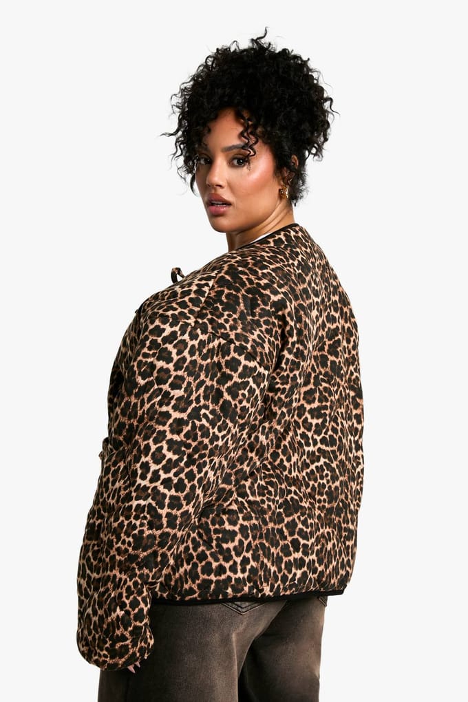 boohoo Dames Plus Luipaard Tie Detail Gewatteerde Jas | Brown | Maat: 22