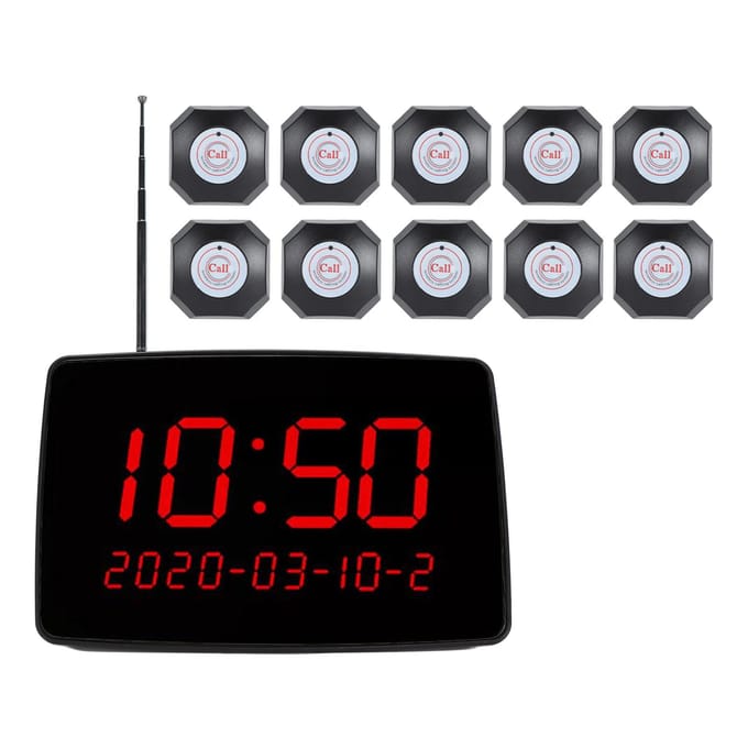 Système d'appel sans fil avec affichage de l'heure, sonnette de table pour restaurant avec 10 boutons et 1 récepteur UK Plug black