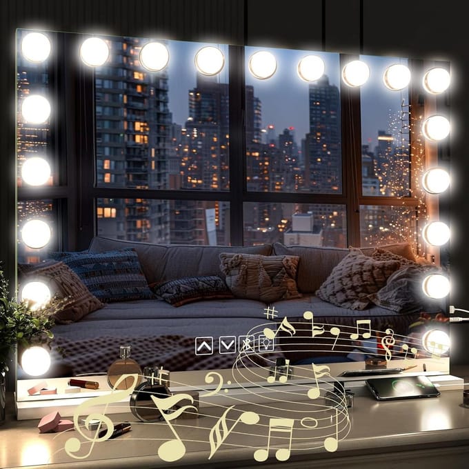 Grote Hollywood Make-up Spiegel 80x60 cm met 19 LED Lampen, Bluetooth & Touchscreen