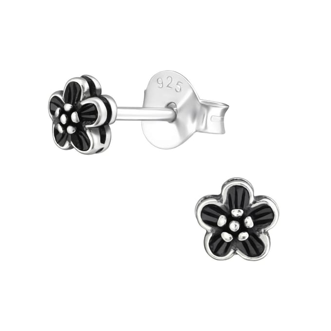 Joy|S - Zilveren petit daisy bloem oorbellen - 4 mm - geoxideerd