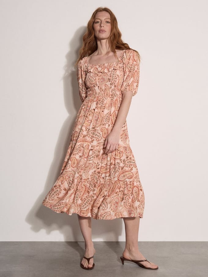 Midi-jurk met melkmeisjesmodel en paisleyprint
