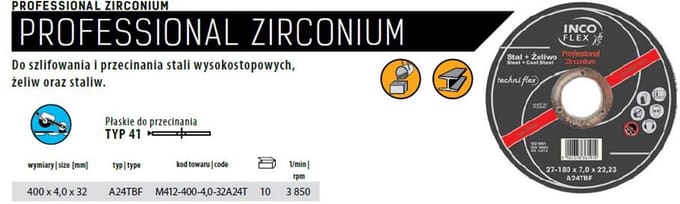 INCOFLEX Professional Zirconium - Tarcza voor Metaal - 400mm x 4,0mm x 32mm - Płask