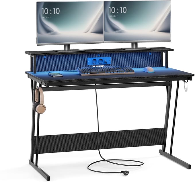 VASAGLE - Bureau - Gamingbureau met LED-verlichting - Schermverhoger - Voor 2 Computers
