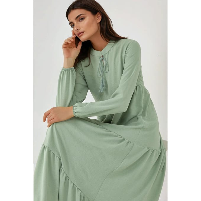 Gestructureerde Lange Mouwen Crew Neck Maxi Jurk