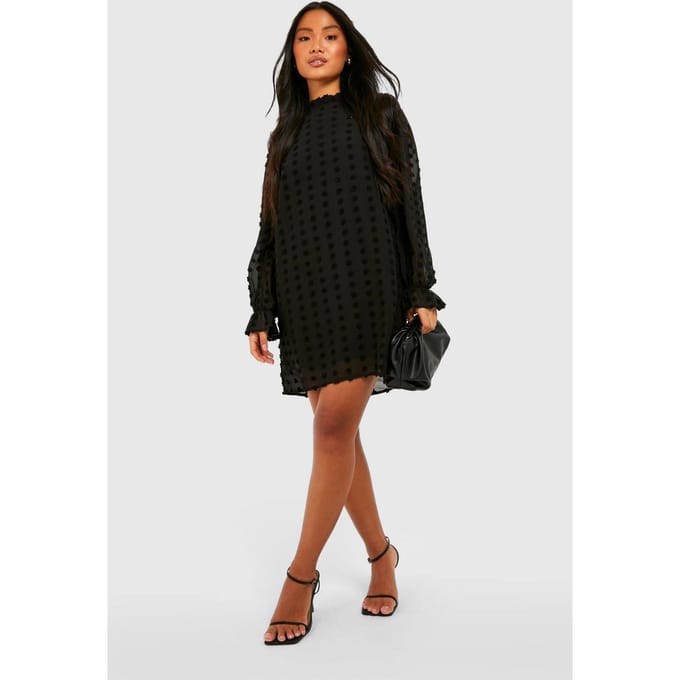 boohoo Dames Petite Dobby Textured High Neck Shift Dress | Zwart | Maat: 40
