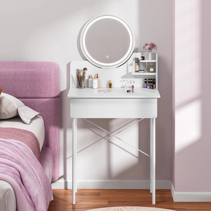 Kaptafel met spiegel - Make-up bureau - Slaapkamer organiseren - Drie lichtkleuren - 60 cm breed - Wit