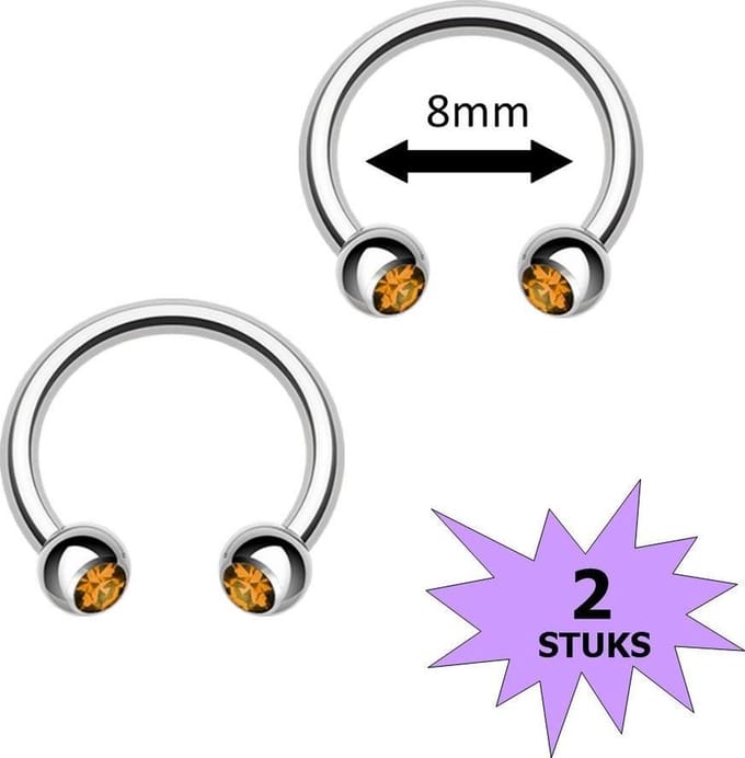 Fako Bijoux® - Circular Barbell Piercing - Hoefijzer Kristal Duo - 8mm - Geel - 2 Stuks