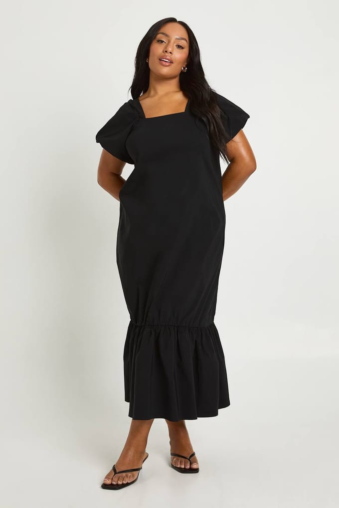 boohoo Dames Plus Drop Hem Pofmouw Midaxi Smock Jurk | Black | Maat: 16