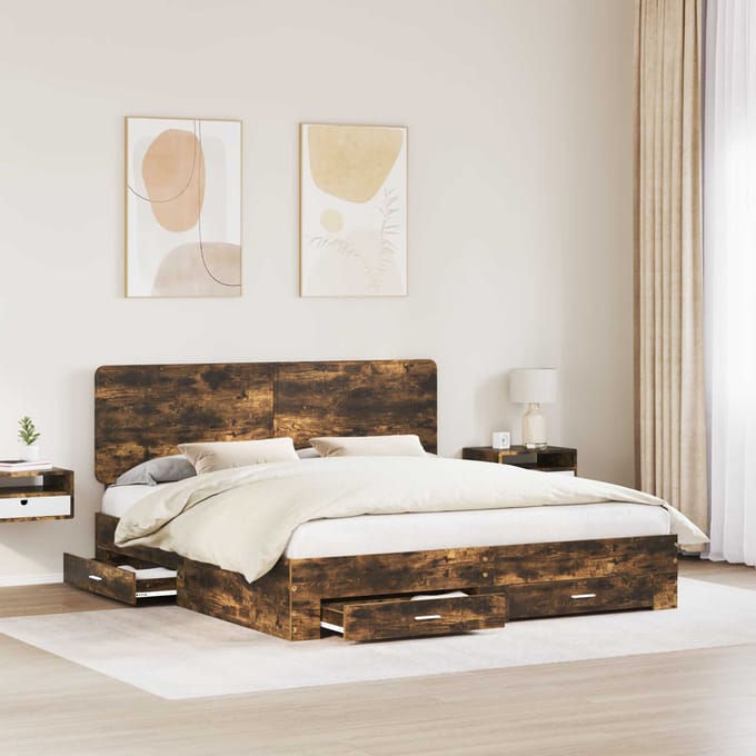 vidaXL - Bedframe - met - lade - Rook - Eiken - 200 - x - 200 - cm - Bewerkt - hout
