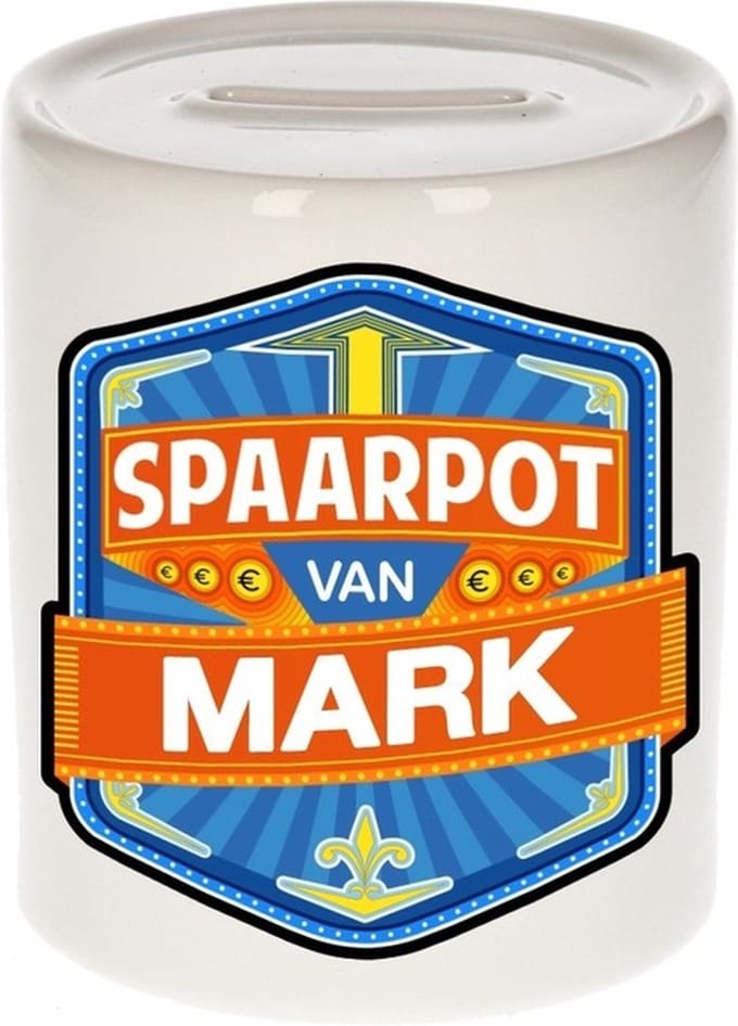 Bellatio Decorations Kinder spaarpot met naam - Mark - keramiek - met dop - wit - Sparen - Spaargeld van Mark