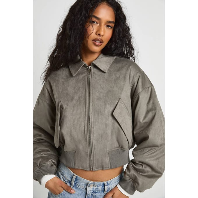 boohoo Dames Suede Bomberjack | Grey | Maat: 10