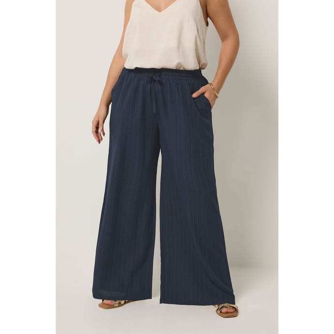Yours Marineblauwe Getextureerde Broek Met Wijde Pijpen Size 44