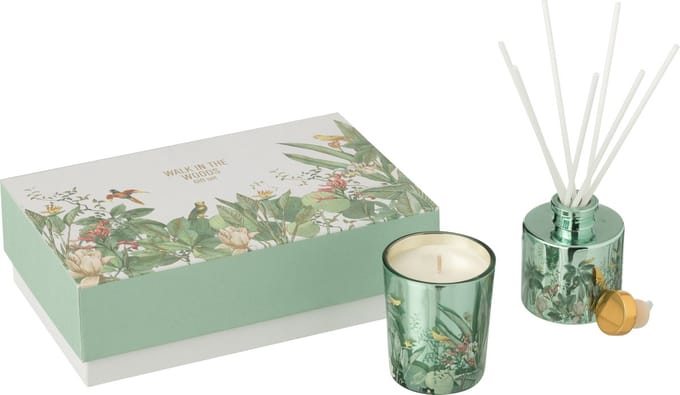 J-Line geschenkset geurkaars + geurstokjes Walk In The Woods - Evergreen & Silver birch - groen