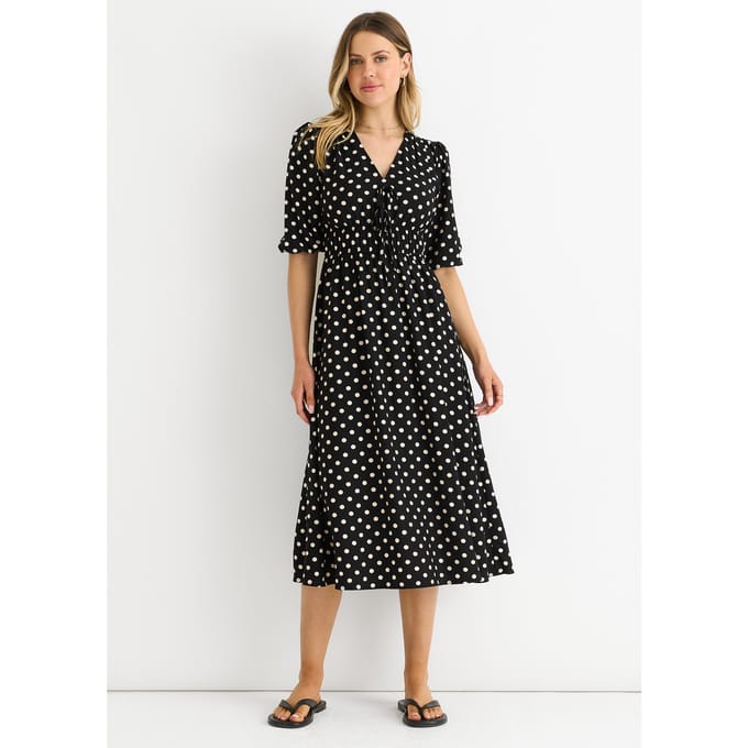 Zwarte stippenprint midi-jurk met gerimpelde taille