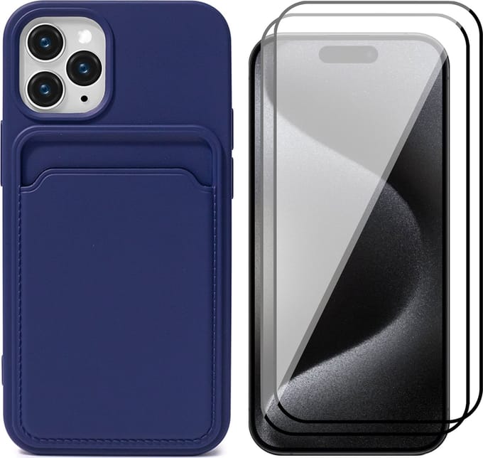Hoesje Pasjeshouder geschikt voor iPhone 15 Pro Max - 2x Screenprotector FullGuard - Siliconen Case Back Cover Blauw & Screen Protector