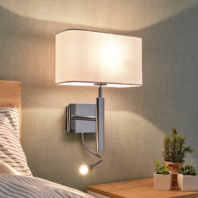 Lucande - Wandlamp - 1licht - Stof, metaal - H: 63 cm - E27 - wit, chroom