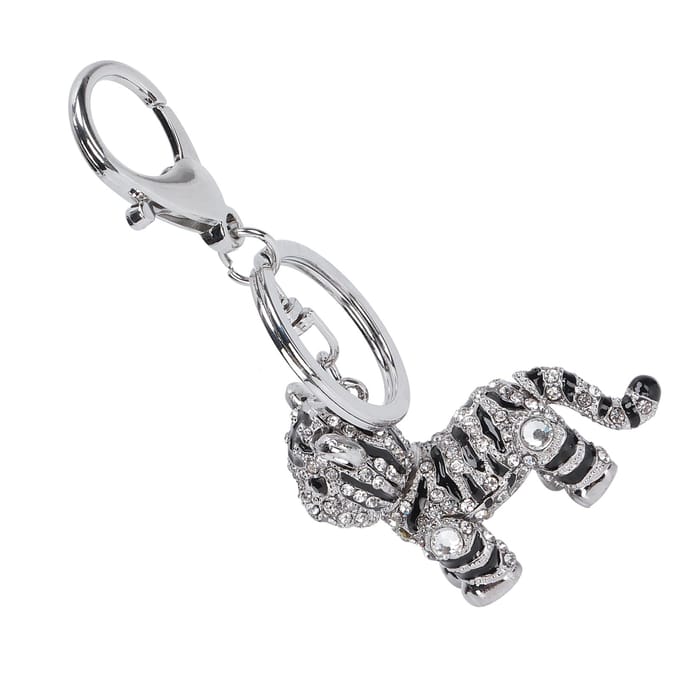 Porte-clés Tigre 3D Argent Alliage de Zinc Strass Brillant Accessoire de Bijouterie pour Sac de Dames Pendentif white