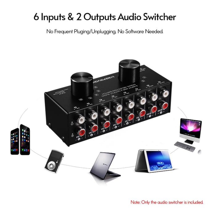 6-in-2-uit audioschakelaar Tweeweg audiosignaalselectiebox splitterdistributeur met RCA-ingangen en