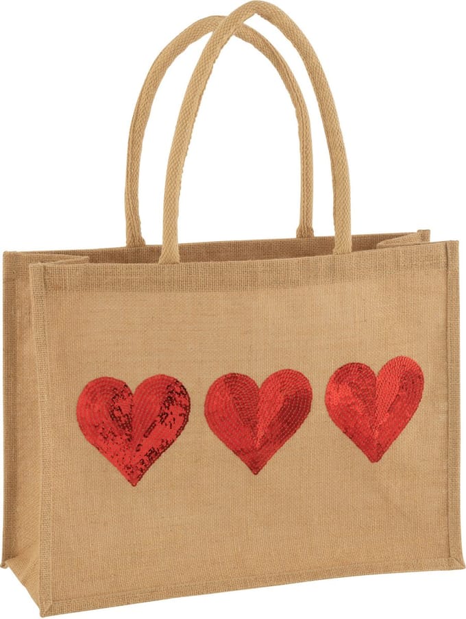 J-Line zak 3 Hartjes Pailletten - jute - naturel/rood