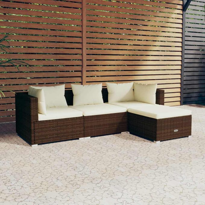 vidaXL - 4-delige - Loungeset - met - kussens - poly - rattan - bruin