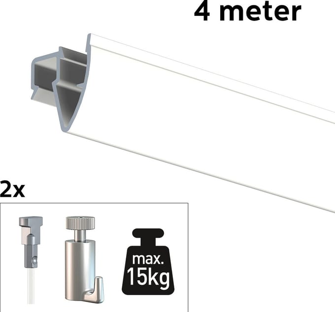 Artiteq Schilderij Ophangsysteem 4 meter All-in-one Up Rail 15kg / Wit RAL9016