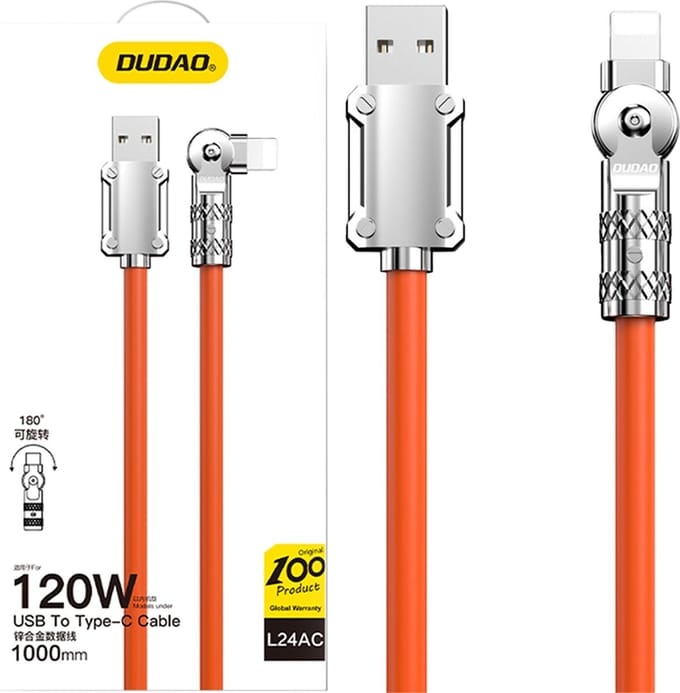 Dudao L24AL USB-A - Lightning angled cable with 180° rotation 30W 1m - orange
