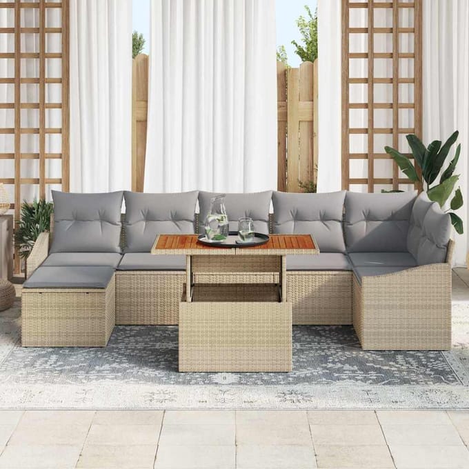 vidaXL Tuin Eettafel Set met kussen 8 pcs Beige en Grijs