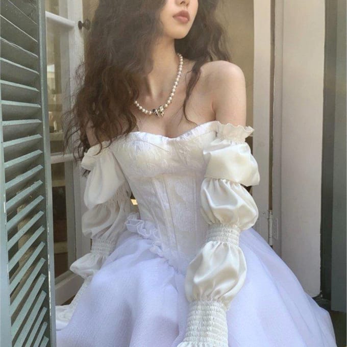Lente elegante witte off-shoulder sprookjesjurk vrouwelijke chique prinses bladerdeegjurk mesh bladerdeegjurk M wit
