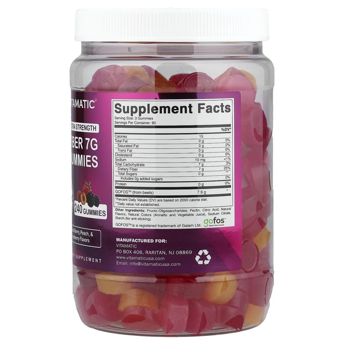 Vitamatic Vezel Gummies, Natuurlijke Bes, Perzik & Aardbei, 240 Gummies