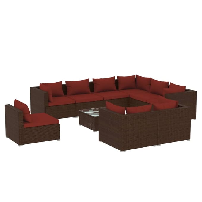 vidaXL - 10-delige - Loungeset - met - kussens - poly - rattan - bruin