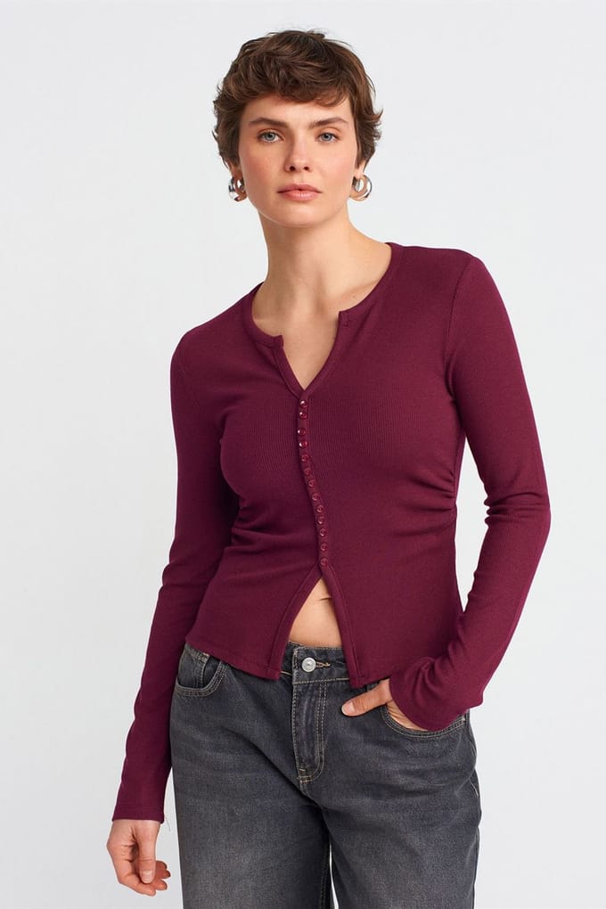 Slim Fit Geribbelde Blouse met Knopen aan de Voorkant