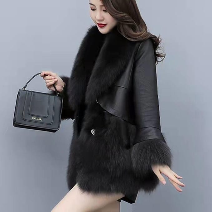 Manteau de fourrure pour femme, manteau épais en patchwork de cuir PU mi-long et long pour l'hiver S noir