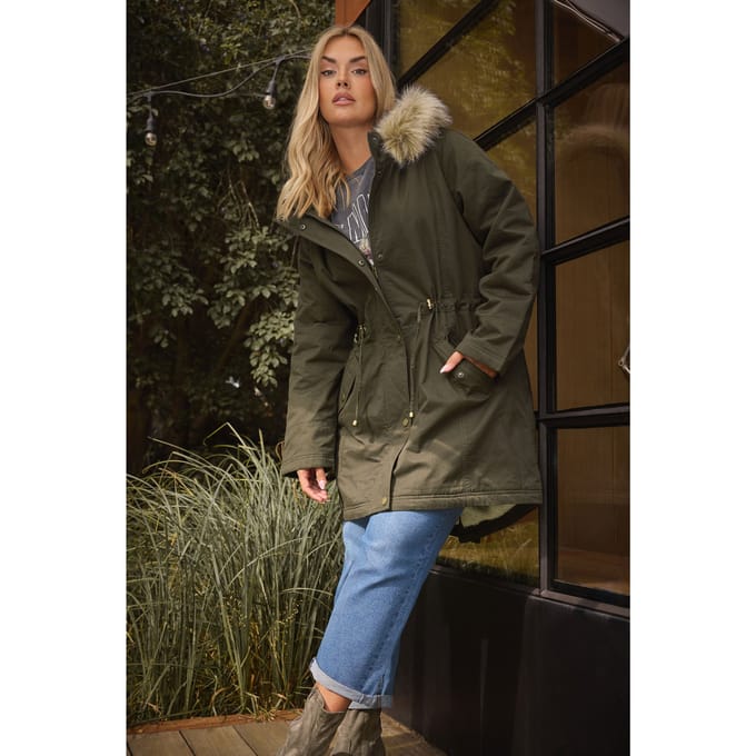 Yours Khaki Groene Bont Trim Parka Jas Size 42